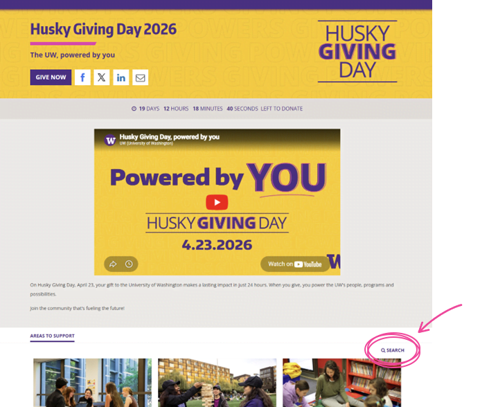 Screenshot of Husky Giving Day webpage with hot pink circles and arrows around search